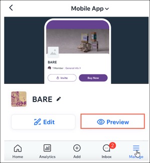 A screenshot of the Mobile App screen in the Wix app, highlighting the Preview option