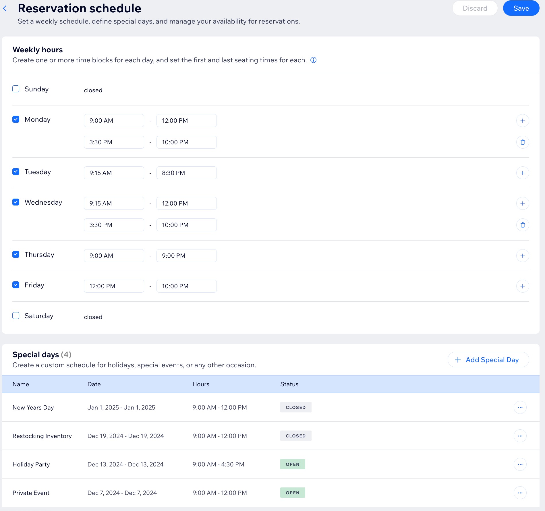 A screenshot of setting up a Reservation schedule in the Table Reservations app of a site's dashboard.