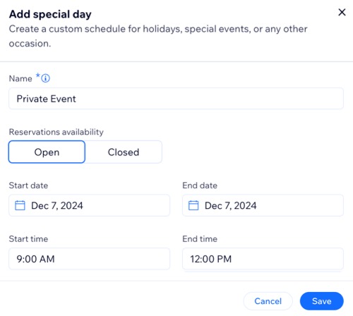 A screenshot of adding a special day