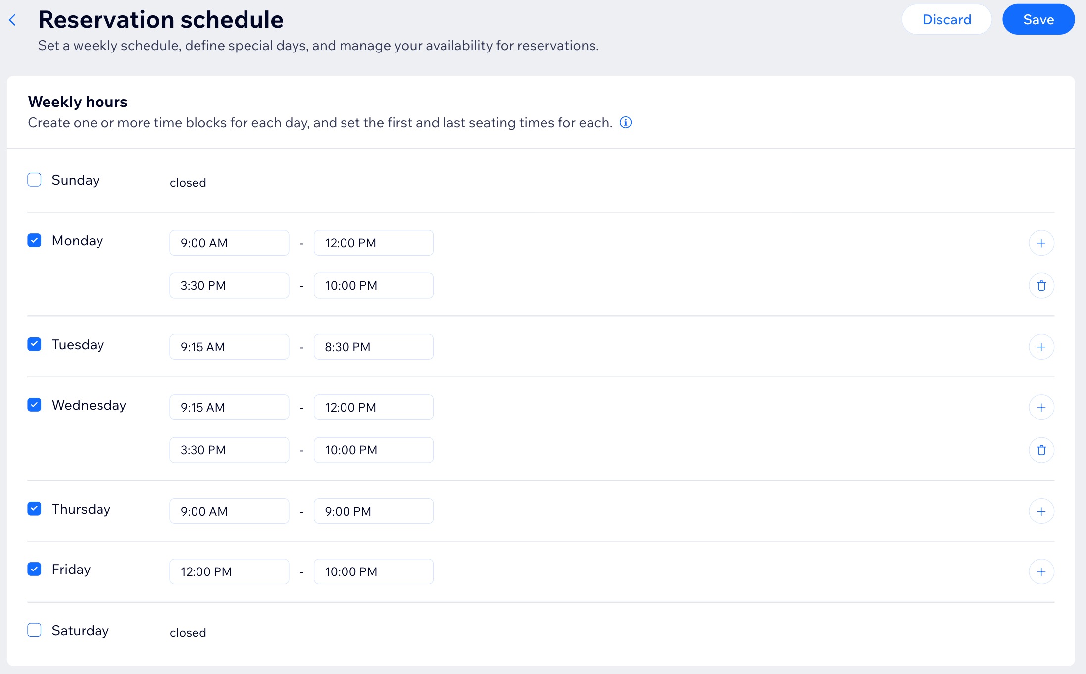 A screenshot of setting weekly hours for a reservation schedule.