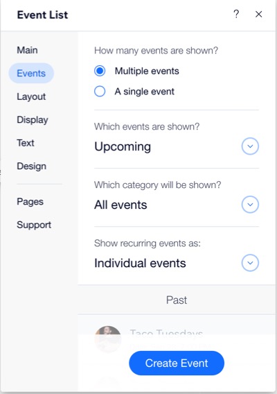 A screenshot of selecting how to show recurring events from the Wix Editor.