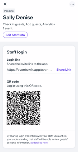 A screenshot of the Staff login panel to share login credentials in the Check-in by Wix app.