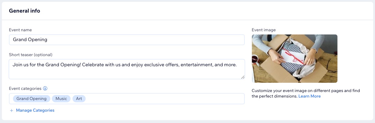 A screenshot of the General info section of an event in a site's dashboard.