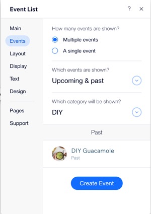A screenshot of Which events are shown