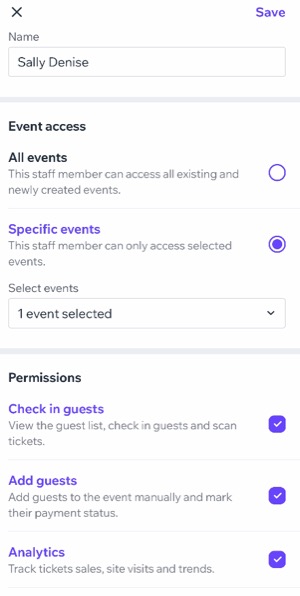 Captura de pantalla del panel Agregar miembro del personal en la app Check-in by Wix.