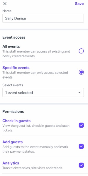 A screenshot of the Add staff member panel in the Check-in by Wix app.