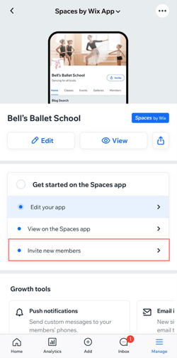 A screenshot of taping on the Invite new members in the Wix app.