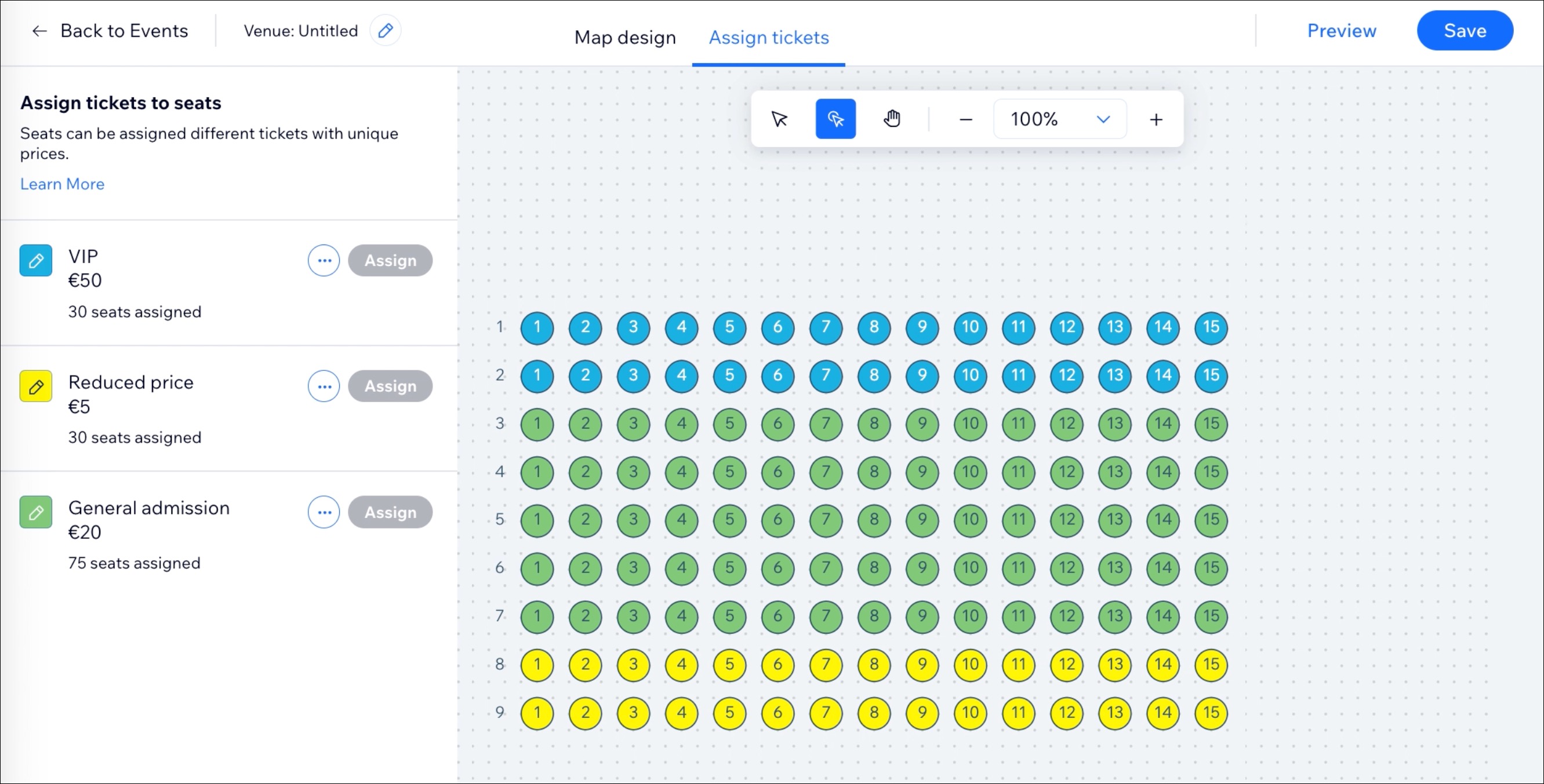 A screenshot of assigning tickets to seats.