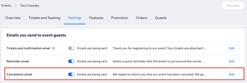 A screenshot of the Emails you send to event guests section.