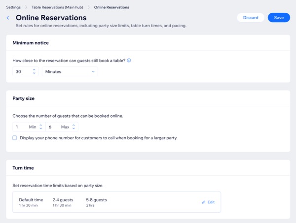Une capture d'écran de la section Réservations en ligne des paramètres dans les réservations de table.