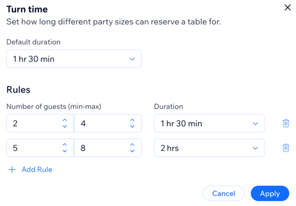 A screenshot of setting your reservation turn time.