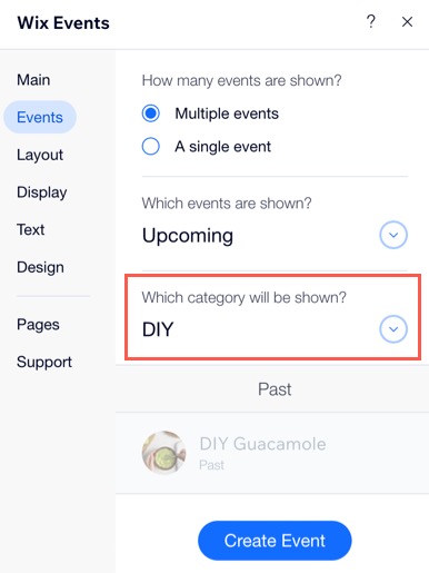 A screenshot of selecting an event category to display from the Wix Editor.