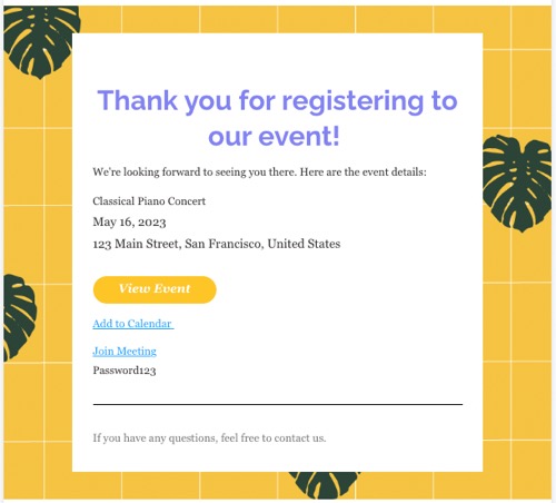 Captura de pantalla de un email personalizado de un evento para los invitados.