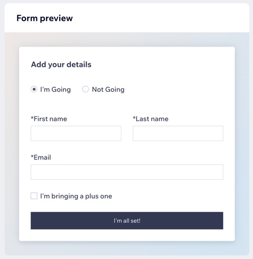 A screenshot of previewing a registration form for an RSVP event.