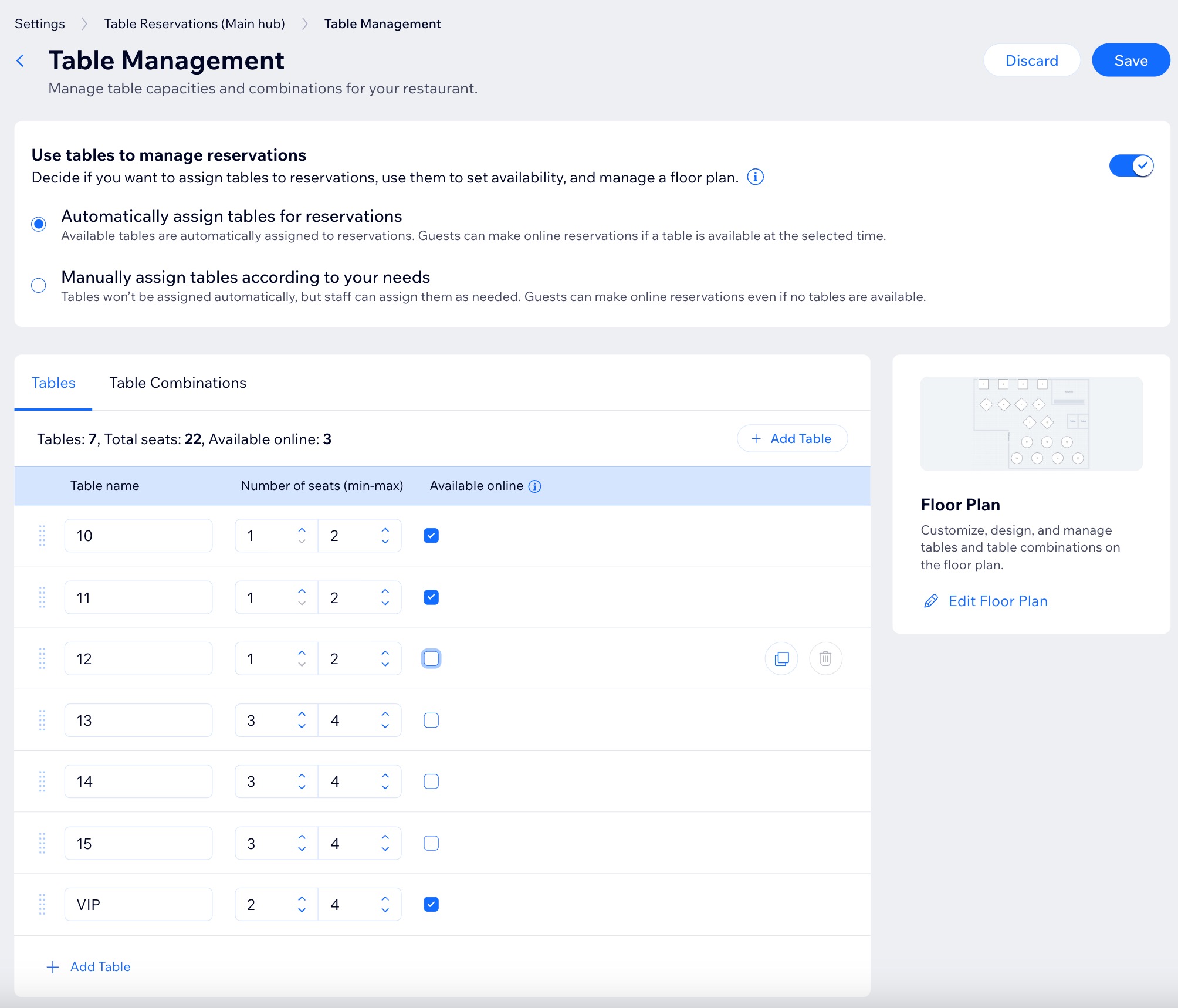 Uma captura de tela das configurações de Gerenciamento de mesas no painel de controle de um site.