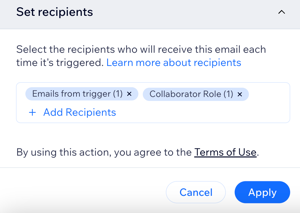 A screenshot of the Set recipients option, including Emails from trigger.