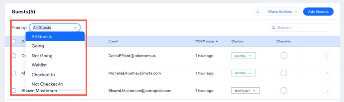 A screenshot of filtering a guest list for an event in a site's dashboard.