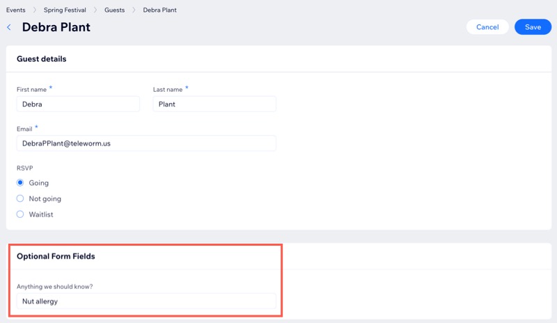 A screenshot of viewing registration form responses for a guest in a site's dashboard.