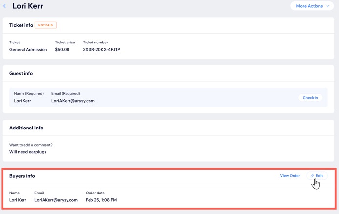A screenshot of editing guest info for a ticketed event.
