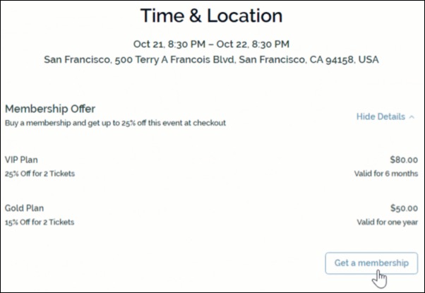 A screenshot of a ticketed event with a membership plan.