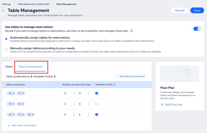 Uma captura de tela da configuração de combinações de mesas no painel de controle de um site.