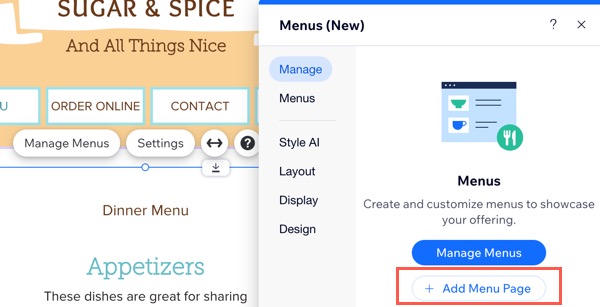 A screenshot of +Add Menu Page from the Wix Editor.