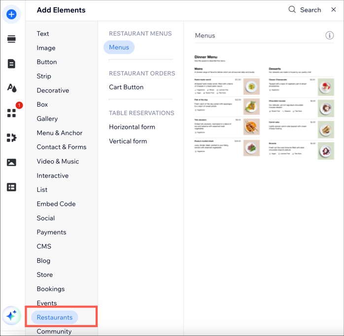 A screenshot of selecting the Restaurant Menus element in the Wix Editor.