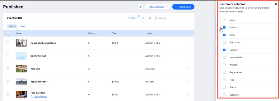 A screenshot of customizing the display of events in a site's dashboard.