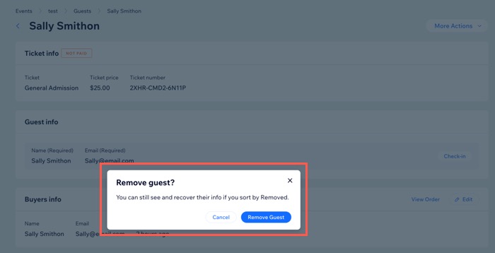 Een screenshot van het verwijderen van een gast van de gastenlijst.