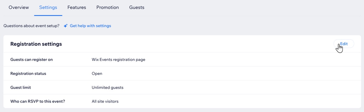 A screenshot of clicking Edit next to Registration settings for an RSVP event.