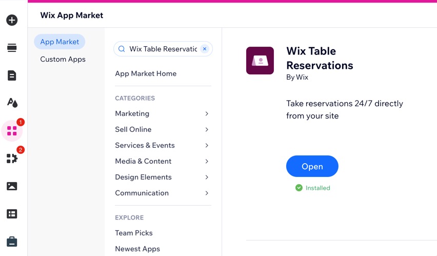 A screenshot of adding Wix Table Reservations to your site in the Wix Editor.