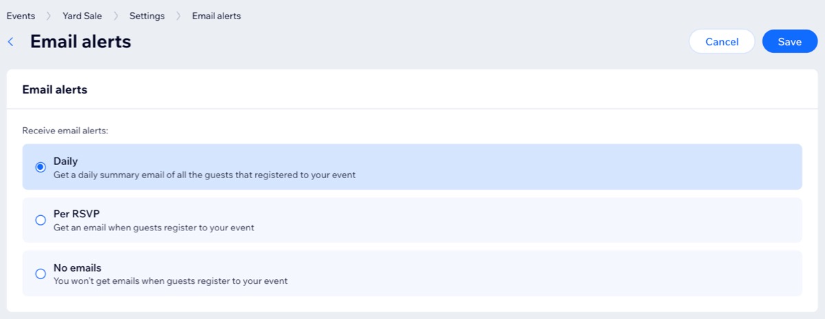 A screenshot of setting the frequency of email alerts for an event.