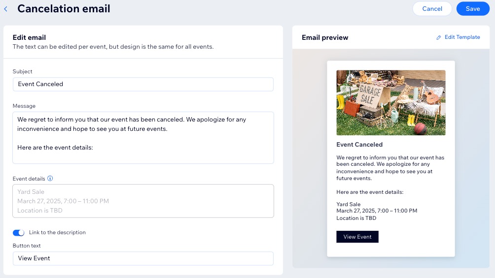 A screenshot of editing a cancelation email for an event.