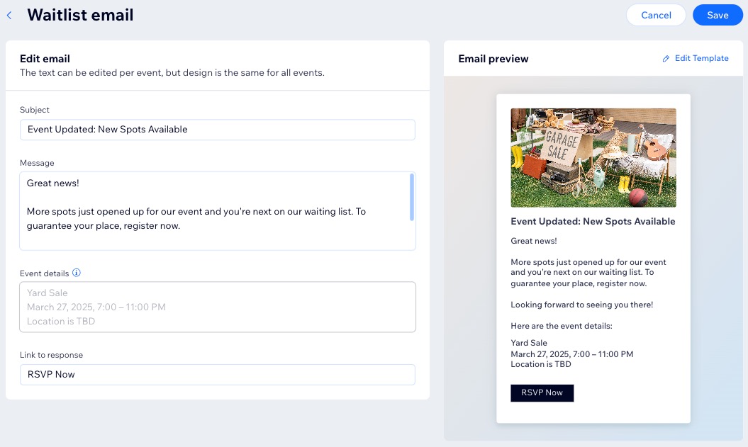 A screenshot of editing a waitlist email for an event.