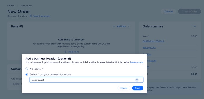 A screenshot of selecting a location for a manual order.