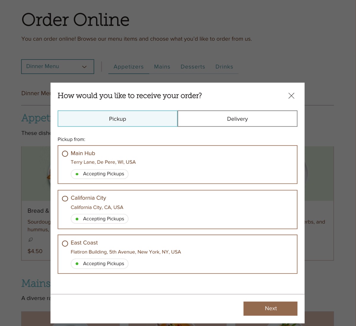 Uma captura de tela de uma página de pedidos online com vários locais do restaurante.
