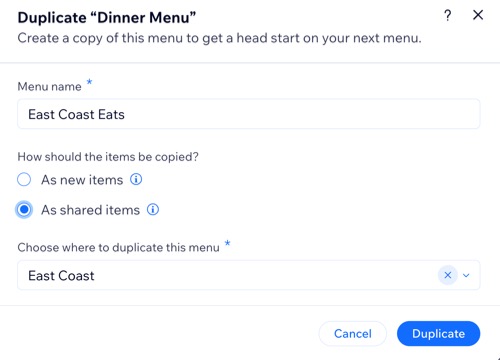 A screenshot of duplicating your menu and choosing whether to copy items as new or shared.