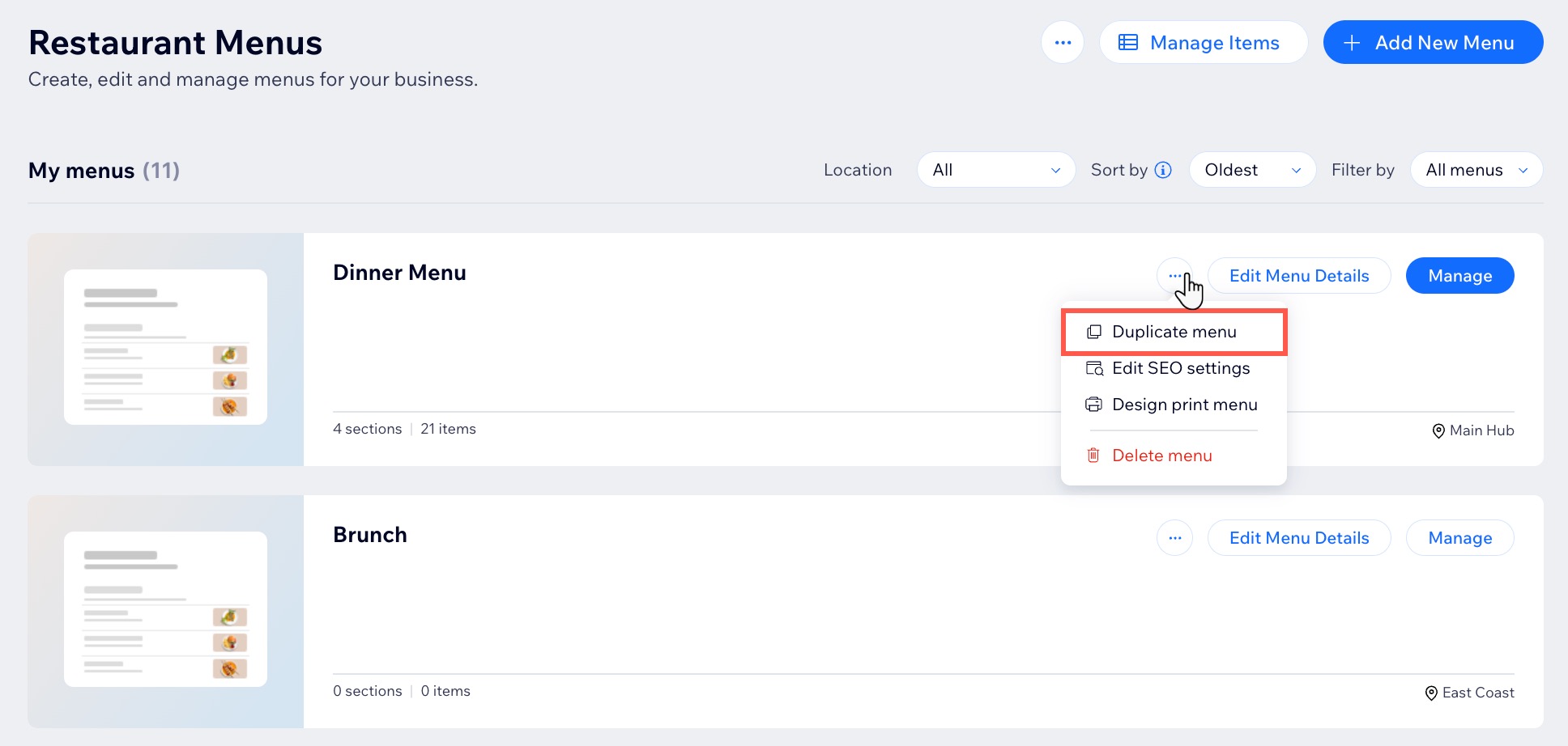 A screenshot of selecting Duplicate menu in a site's dashboard.