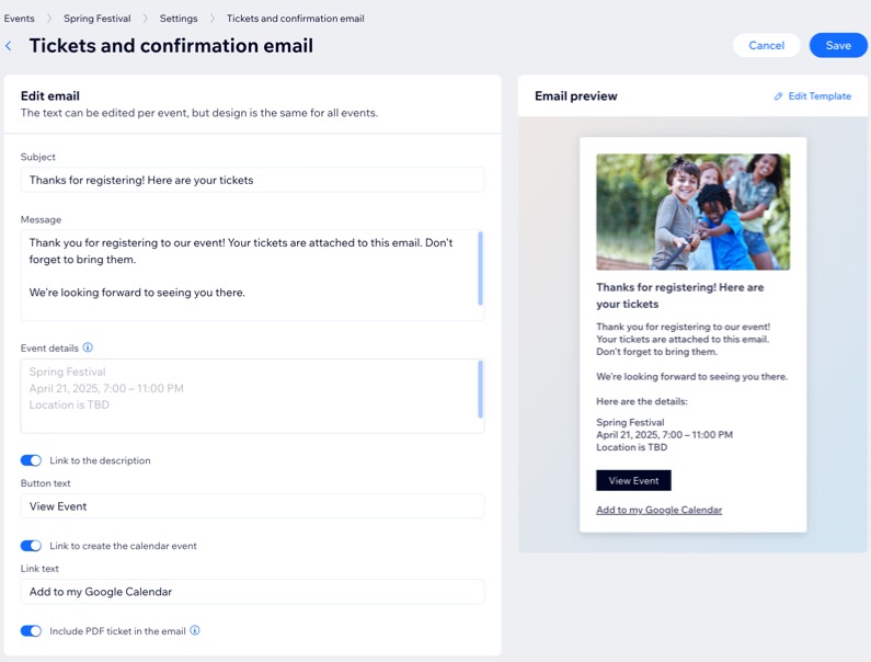 Uma captura de tela de Ingressos e email de confirmação sendo editados para um evento.