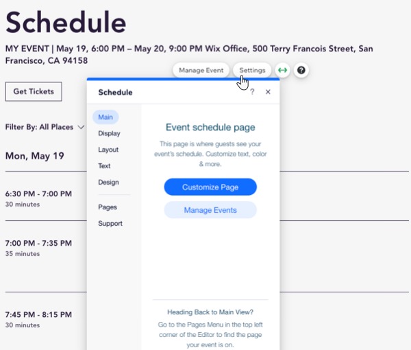 A screenshot of the available Settings for an event schedule in the Wix Editor.