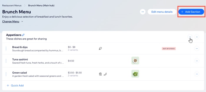 A screenshot of the Menus (new) page in a site's dashboard.