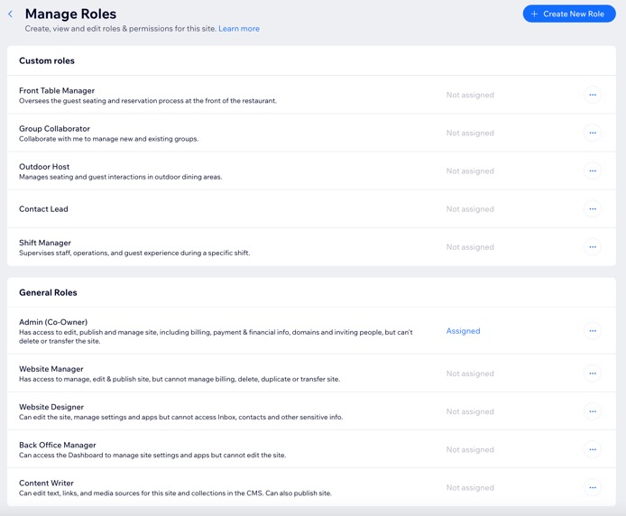 A screenshot of the Manage Roles panel in a site's dashboard.