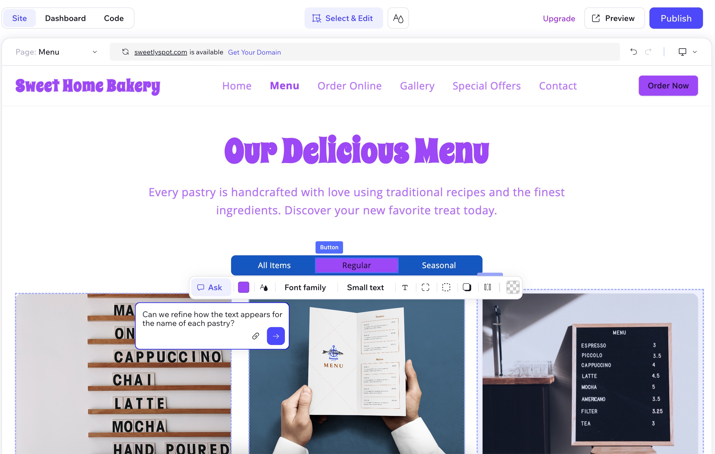 A screenshot of using the customization features to update a site in Wix Vibe.