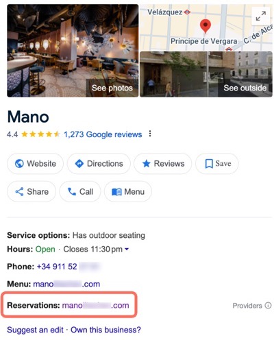 A screenshot showing a restaurant’s Google listing with a ‘Reservations’ option.