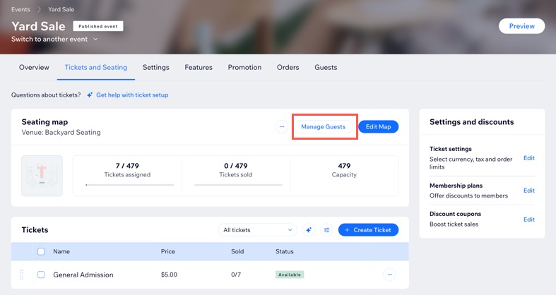 A screenshot of the Tickets and Seating tab to click Manage Guests.