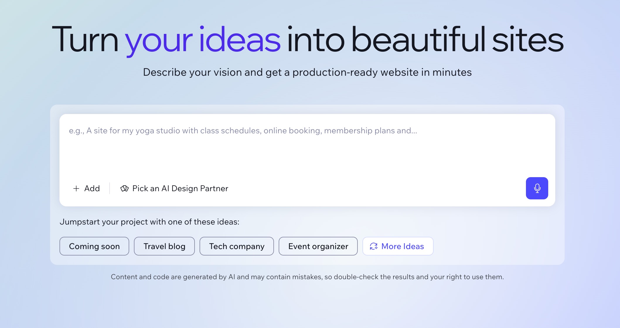 A screenshot of the Wix Vibe prompt page.