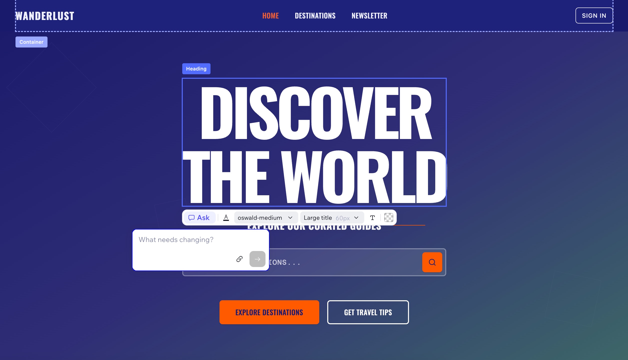A screenshot of editing options for a Wix Vibe site.