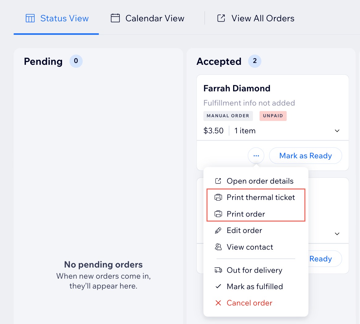 A screenshot of the Online Orders tab in a site’s dashboard, showing print options.