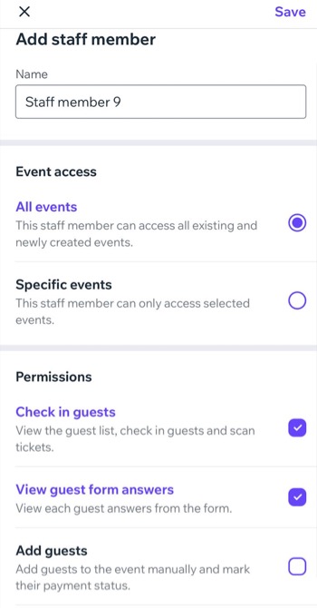 Screenshot del pannello Aggiungi membro dello staff nell'app Check-in by Wix