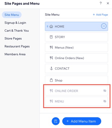 Screenshot delle pagine nascoste Menu (versione precedente) e Ordini online (versione precedente) nell'Editor